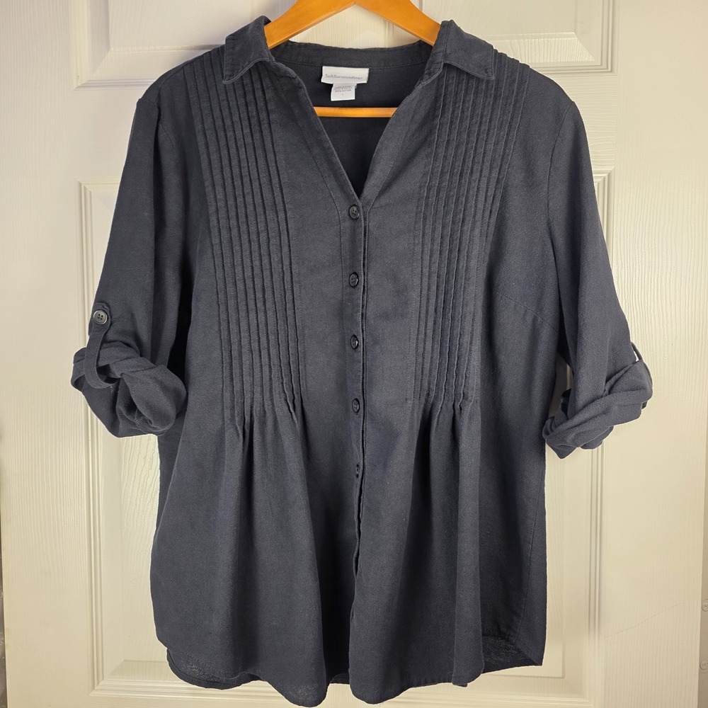 Soft Surroundings Top L Black Long & RollUp Sleeves ButtonUp‎ Front Pleats Women